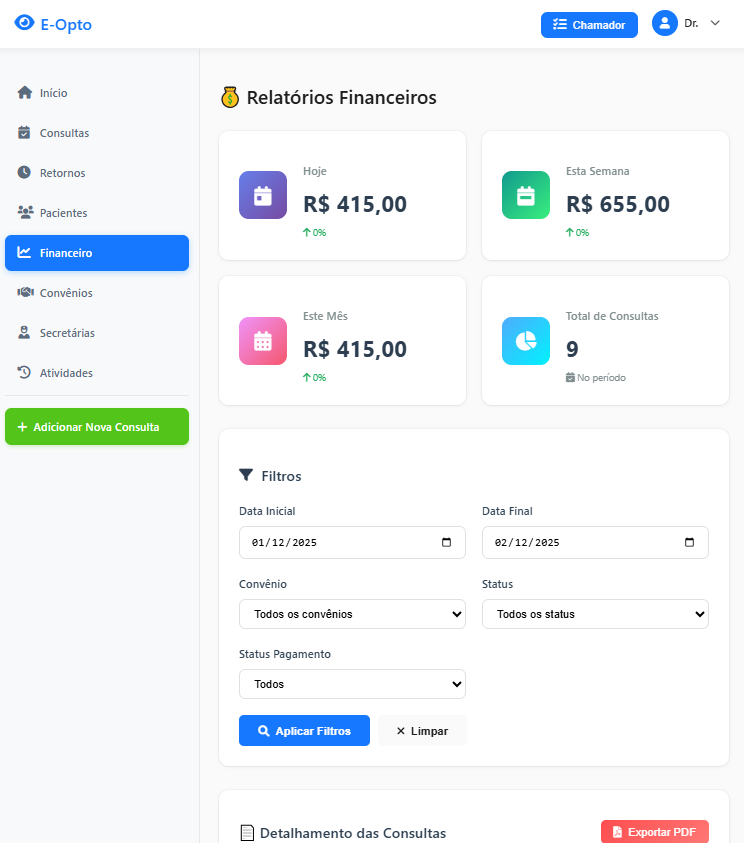 Sistema E-Opto - Gestão Financeira